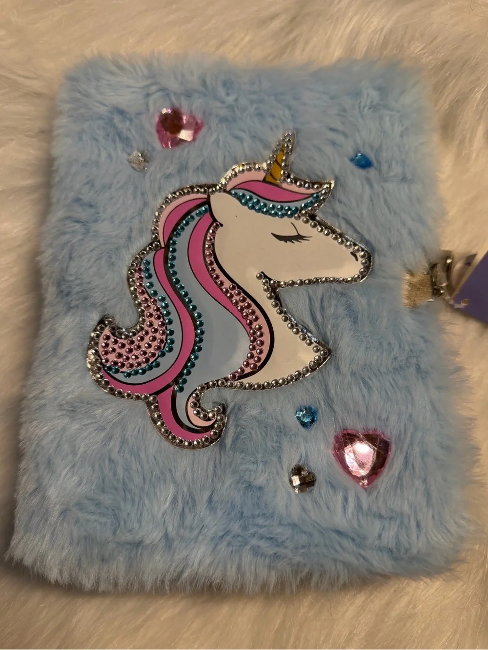 Blue Plush Unicorn Journal with Lock - Sparkle Rhinestone Accent’s & Lip Gloss